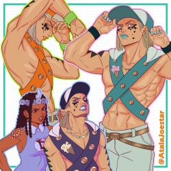 Rule 34 | 1boy, 1girl, abs, absurdres, adjusting clothes, adjusting headwear, arm tattoo, atalajoestar, baseball cap, belt, belt buckle, black hair, black hat, blue belt, blue eyes, blue hat, blue lips, blue nails, buckle, collared shirt, commentary, dark-skinned female, dark skin, dragona joestar, dreadlocks, english commentary, flower, flower wreath, food print, grey hair, hat, highres, ice cream print, jewelry, jojo no kimyou na bouken, long hair, makeup, male focus, medium hair, multiple views, muscular, muscular male, nail polish, orange belt, orange hat, paco laburantes, purple belt, purple flower, shirt, shoulder belt, tattoo, the jojolands, two-tone hat, wristband
