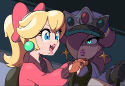 2girls alternate_costume aqua_eyes assertive_female blonde_hair blue_eyes earrings evil_grin evil_smile fingerless_gloves gloves grin hat jacket jewelry lips looking_at_another maestro_celeste mario_(series) mario_kart mario_kart_world multiple_girls nervous nintendo official_alternate_costume one_eye_covered ponytail princess_peach princess_peach_(touring) ribbon rosalina rosalina_(pro_racer) serious smile staring sweatdrop wheel