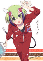 10s 1girl android bad_id bad_pixiv_id blush bucket bucket_of_water cable cable_tail cleaning_rag dimension_w female_focus green_eyes green_hair happy headgear leaning_forward looking_at_viewer matching_hair/eyes mechanical_tail miyamoto_yuu multicolored_hair open_mouth short_hair solo streaked_hair tail text_focus track_suit translated twitter_username two-tone_hair yurizaki_mira