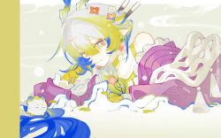 Rule 34 | 1girl, absurdres, arknights, bare shoulders, blonde hair, blue eyes, blue hair, chinese commentary, choker, closed mouth, colored extremities, commentary request, dated, dragon bubble (arknights), dragon girl, dragon horns, flower, frills, hair between eyes, hair flower, hair intakes, hair ornament, highres, horns, long hair, looking at viewer, lying, multicolored hair, off shoulder, official alternate costume, partial commentary, pointy ears, shu (arknights), shu (spring feast) (arknights), smile, solo, uuo1 (faraway34878), white hair, yellow choker