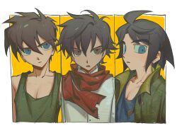 3boys bbbbbaasos black_hair blue_eyes blue_tank_top brown_eyes brown_hair closed_mouth commentary_request green_tank_top gundam gundam_00 gundam_tekketsu_no_orphans gundam_wing hair_between_eyes heero_yuy jacket male_focus mikazuki_augus multiple_boys open_clothes open_jacket open_mouth parted_lips red_scarf scarf setsuna_f._seiei simple_background spiked_hair tank_top upper_body