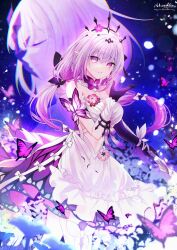 1girl annerica asymmetrical_gloves bare_shoulders black_tiara bow breasts bug butterfly castorice_(honkai:_star_rail) cleavage closed_eyes commentary dated dress flower gloves hair_between_eyes hair_bow hair_flower hair_ornament hand_up highres honkai:_star_rail honkai_(series) insect large_breasts long_hair looking_at_viewer multiple_views parted_lips pointy_ears purple_background purple_butterfly purple_eyes purple_flower purple_gloves purple_hair signature solo tiara twitter_username uneven_gloves very_long_hair white_bow white_dress