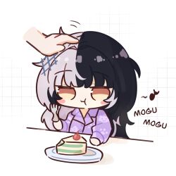 1girl :t animal_print black_hair blush_stickers cake cake_slice cat_print cheek_bulge cherry chibi commentary disembodied_hand eating eighth_note english_commentary food fork fruit full_mouth grey_hair hair_ornament headpat highres hiroavrs holding holding_fork hololive hololive_english long_hair long_sleeves motion_lines multicolored_hair musical_note pajamas paw_print plate print_pajamas purple_pajamas shiori_novella sound_effects split split-color_hair two-tone_hair unkempt virtual_youtuber yellow_eyes
