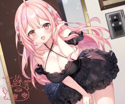Rule 34 | 1girl, ahoge, arm garter, bare shoulders, bent over, black dress, breasts, cinu, cleavage, collarbone, commentary request, cowboy shot, criss-cross halter, double-parted bangs, dress, floral print, floral print dress, flower, frilled dress, frills, hair flower, hair ornament, halterneck, hand on own thigh, hand up, indoors, large breasts, leaning forward, long hair, looking at viewer, open mouth, original, pink hair, print dress, red eyes, sleeveless, sleeveless dress, smile, solo, spaghetti strap, strap gap, very long hair