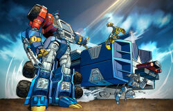 2022 arm_cannon artist_name assault_visor autobot clenched_hand cloud highres jetstormsifuentes looking_down looking_up mecha minicon no_humans open_hand optimus_prime orange_eyes over-run_(transformers) robot running sky sparkplug_(transformers) transformers transformers_armada transformers_unicron_trilogy weapon western_comics_(style) wheel