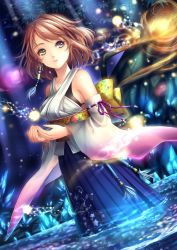 00s 1girl blue_eyes blue_hakama breasts brown_hair crying crying_with_eyes_open detached_sleeves dutch_angle female_focus final_fantasy final_fantasy_x glowing green_eyes hakama hakama_skirt heterochromia highres japanese_clothes jewelry long_skirt medium_breasts necklace night obi orb parted_lips partially_submerged pleated_skirt ring sash short_hair skirt solo standing star_(symbol) star_print tears tidsean tree wading water yuna yuna_(ff10)
