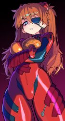 1girl absurdres arms_under_breasts blue_eyes bodysuit breasts bright_pupils brown_hair clenched_teeth cowboy_shot crossed_arms curvy earrings evangelion:_3.0_you_can_(not)_redo eyepatch from_below gluteal_fold gradient_background hair_between_eyes hairpods hanging_breasts highres interface_headset_(evangelion) jewelry large_breasts light_blush long_hair looking_at_viewer looking_down mecha_pilot_suit neon_genesis_evangelion plugsuit_(evangelion) rebuild_of_evangelion red_bodysuit skin_tight slammo solo souryuu_asuka_langley standing stud_earrings teeth tsundere v-shaped_eyebrows very_long_hair white_pupils wide_hips