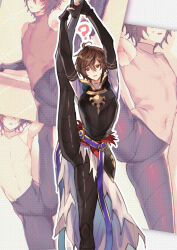 Rule 34 | 1boy, ?, armor, arms up, black gloves, black pants, blush, brown hair, doushite, fingerless gloves, gloves, granblue fantasy, hair between eyes, highres, leg lift, male focus, multiple views, pants, sandalphon (granblue fantasy), shirt, simple background, sleeveless, sleeveless shirt, split, standing, standing on one leg, standing split, sweat, topless male