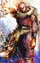 1boy bald cape closed_mouth dougi dragon_ball dragon_ball_(classic) dragonball_z highres kyezzzz muscular purple_dougi red_eyes simple_background sleeveless solo tenshinhan third_eye veins white_cape wristband