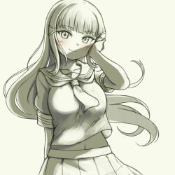 1girl arm_behind_back backlighting breasts commentary greyscale hair_ornament hairclip hand_on_own_face highres kurosawa_dia long_hair love_live! love_live!_sunshine!! medium_breasts midriff midriff_peek mole mole_under_mouth monochrome navel pas_(paxiti) pleated_skirt school_uniform serafuku skirt solo spot_color summer_uniform uranohoshi_school_uniform wind