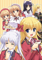 6+girls animal_ears blue_eyes breasts cat_ears checkerboard_cookie cookie cup closed_eyes food fortune_arterial japanese_clothes kimono kuze_kiriha large_breasts looking_at_viewer maid masakichi_(crossroad) multiple_girls open_mouth school_uniform sendou_erika sendou_kaya serafuku smile tea teacup teapot tougi_shiro tray yuuki_haruna yuuki_kanade