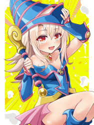 1girl bare_shoulders blue_boots blue_dress blue_hat blush boots breasts cosplay dark_magician_girl dark_magician_girl_(cosplay) detached_sleeves dress fate/kaleid_liner_prisma_illya fate_(series) hat highres illyasviel_von_einzbern long_hair looking_at_viewer mochi_(k620803n) open_mouth pentacle pink_skirt red_eyes revision showgirl_skirt skirt small_breasts smile solo wand white_hair wizard_hat yu-gi-oh! yu-gi-oh!_duel_monsters