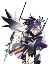 029jrr 1boy banzoin_hakka banzoin_hakka_(1st_costume) bishounen black_nails black_skin blue_eyes colored_skin dual_wielding earrings fangs feather_earrings feather_hair_ornament feathers hair_between_eyes hair_ornament hakama high_ponytail highres holding holding_polearm holding_weapon holostars holostars_english japanese_clothes jewelry long_hair long_sleeves looking_at_viewer male_focus multicolored_hair multicolored_skin open_mouth polearm ponytail purple_hair purple_hakama sandals skin_fangs smile spear streaked_hair tassel tassel_earrings virtual_youtuber weapon white_background white_hair