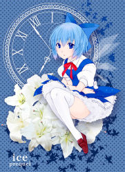 1girl ass bad_id bad_pixiv_id blue_background blue_dress blue_eyes blue_hair bow brown_shoes cirno collared_shirt dress female_focus flower hair_bow inoue_yukita leaf legs lily_(flower) looking_at_viewer maple_leaf matching_hair/eyes patterned_background ribbon roman_numeral shirt shoes short_hair sleeveless sleeveless_dress solo thighhighs time touhou white_shirt white_thighhighs