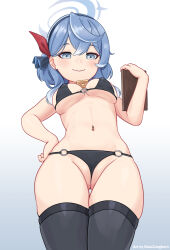 1girl :d ako_(blue_archive) alternate_costume batazungharn bell bikini black_bikini black_thighhighs blue_archive blue_eyes blue_hair breasts cleavage cleft_of_venus clipboard commentary_request earrings from_below frontal_wedgie gluteal_fold groin hair_between_eyes hairband halo hand_on_own_hip highres holding holding_clipboard jewelry long_hair looking_at_viewer looking_down medium_breasts navel neck_bell open_mouth parted_lips sidelocks simple_background smile solo stomach swimsuit thighhighs thighs wedgie white_background
