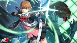 1boy 1girl absurdres archery archery_shooting_glove armband arrow_(projectile) black_coat black_gloves black_jacket black_skirt bow bow_(weapon) bowtie brown_eyes brown_hair cardigan choker coat collared_shirt commentary copyright_name copyright_notice cowboy_shot earrings flipped_hair gekkoukan_high_school_uniform gloves heart heart_choker highres holding holding_arrow holding_bow_(weapon) holding_weapon holster in-franchise_crossover jacket jewelry loose_bowtie miniskirt official_art open_clothes open_jacket open_mouth parted_lips partially_fingerless_gloves persona persona_3 persona_3_reload persona_5 persona_5:_the_phantom_x pink_cardigan pleated_skirt profile quiver red-tinted_eyewear red_armband red_bow red_bowtie ribbed_cardigan s.e.e.s school_uniform shirt short_hair single_glove skirt stud_earrings swept_bangs takeba_yukari thigh_holster tinted_eyewear upper_body weapon werkbau white_choker white_shirt wonder_(p5x)