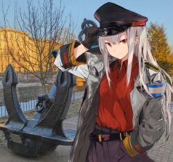 Rule 34 | 1girl, absurdres, adjusting clothes, adjusting headwear, anchor, armband, belt, black belt, black gloves, black hat, closed mouth, coat, commentary request, gangut (kancolle), gloves, hand up, hat, highres, kantai collection, koshka pic, long hair, long sleeves, looking at viewer, open clothes, open coat, orange eyes, pants, peaked cap, photo background, real world location, red shirt, russia, saint petersburg, shirt, shirt tucked in, shoulder boards, smile, solo, upper body, white coat, white hair