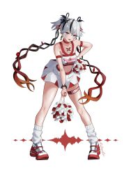 1girl alternate_costume arm_strap bare_shoulders black_eyes black_flower blake_bloom_(wuthering_waves) breasts camellya_(wuthering_waves) chikarit collarbone commentary earrings flower full_body gold_earrings hair_flower hair_ornament hair_vines hand_on_own_hip highres holding holding_pom_poms jewelry looking_at_viewer medium_breasts navel open_mouth pom_pom_(cheerleading) pom_poms red_pupils red_shoes shoes short_hair short_twintails signature simple_background skirt smile socks solo stomach tacet_mark_(wuthering_waves) thigh_strap thighs twintails white_background white_skirt white_socks wuthering_waves