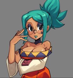 1girl arm_up arms_under_breasts bare_shoulders breasts cerebella_(skullgirls) cleavage dark-skinned_female dark_skin diamond_facial_mark dress eyeshadow facial_mark glasses green_hair green_lips highres large_breasts lipstick looking_at_viewer madamerinrin makeup nail_polish open_mouth orange_dress ponytail skullgirls solo