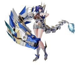 1girl absurdres armored_boots bare_shoulders blue_gloves blue_hair bodystocking bodysuit boots breasts cleavage fake_horns full_body gauntlets gloves grabbing_own_breast highres horns kitohosi large_breasts leotard looking_at_viewer mechanical_arms mechanical_tail open_mouth original see-through_cleavage see-through_clothes single_gauntlet solo standing tachi-e tail transparent_background twintails yellow_eyes