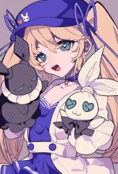 2020 bao_bao_(dokibird) blonde_hair blue_dress blush button_eyes buttons cardigan closed_eyes collar commission dokibird_(vtuber) dokibird_(vtuber)_(retro_doki) dress green_eyes hand_puppet happy hat heart heart-shaped_pupils highres indie_virtual_youtuber mei_mei_(dokibird) puppet ribbon symbol-shaped_pupils tnoh6666 twintails virtual_youtuber