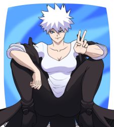 1girl black_hair blue_fire boku_no_hero_academia boots dabi_(boku_no_hero_academia) earrings fire genderswap genderswap_(mtf) grey_background hensket high_heel_boots high_heels highres jacket jewelry looking_at_viewer multicolored_hair piercing short_hair sitting solo todoroki_touya v white_hair aged_down