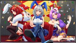 3girls animal_ears bare_shoulders black_leotard blue_eyes blue_nails blue_skirt bow braid breasts cleavage commission crossed_legs dice fake_animal_ears fishnet_thighhighs fishnets fox_mask garter_straps geta grey_hair hair_bow hair_intakes hair_ornament hair_stick high_heels high_ponytail highres holding holding_knife hong_meiling izayoi_sakuya japanese_clothes kimono knife komakusa_sannyo komakusa_sannyo_(bunny_rainbow_dragon_cave_guard) large_breasts leotard looking_at_viewer mask mask_on_head medium_breasts multiple_girls orange_eyes playboy_bunny ponytail print_kimono purple_kimono red_hair red_nails sitting skeb_commission skirt smile socks star_(symbol) star_hair_ornament strapless strapless_leotard tabi tatsu_toyoyo thighhighs touhou touhou_lostword twin_braids white_socks