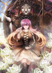 Rule 34 | 1girl, absurdres, bad id, bad pixiv id, bishamonten&#039;s pagoda, bishamonten&#039;s spear, black boots, black dress, blonde hair, boots, breasts, closed eyes, dress, female focus, gradient hair, highres, hijiri byakuren, hokkai, juliet sleeves, large breasts, light, long hair, long sleeves, makai (touhou), mo ne, multicolored hair, patterned background, post, puffy sleeves, purple hair, smile, solo, sorcerer&#039;s sutra scroll, statue, thigh boots, thighhighs, thighs, touhou, turtleneck, very long hair, white dress