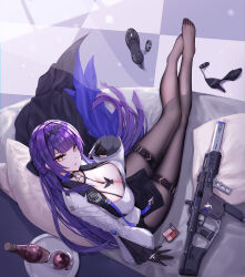 1girl black_gloves black_hairband black_pantyhose black_skirt blunt_bangs bottle breasts checkered_floor cleavage commentary cosmetics couch cup drinking_glass english_commentary feet flavia_(strinova) from_above gloves gun hairband hand_up high_heels highres holding holding_lipstick_tube jacket kriss_vector large_breasts light_particles lipstick_tube long_hair long_sleeves looking_at_viewer makeup miniskirt on_couch pantyhose pillow purple_hair shirt shoes sitting skirt solo strinova submachine_gun symbol-shaped_pupils thigh_strap unworn_shoes weapon white_jacket white_shirt wine_bottle x-shaped_pupils yellow_eyes yuzuriha_(atelier_liang)