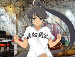 1girl black_hair blush bookshelf box breasts cabinet cardboard_box cave chair clenched_hand closed_mouth collarbone computer dark-skinned_female dark_skin frown green_eyes hair_ribbon hanging_light high_ponytail homura_(senran_kagura) large_breasts light_frown long_hair looking_at_viewer microwave monitor official_art ponytail print_shirt ribbon senran_kagura senran_kagura_new_link senran_kagura_shoujo-tachi_no_shin&#039;ei shirt solo t-shirt table tan translation_request very_long_hair white_ribbon white_shirt yaegashi_nan
