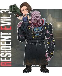 Rule 34 | 1boy, 1girl, black gloves, blue eyes, blue shirt, brown hair, copyright name, fingerless gloves, gloves, highres, holding, holding rocket launcher, holding weapon, jill valentine, john dimayuga, nemesis (resident evil), on shoulder, pants, resident evil, resident evil 3: nemesis, resident evil 3 (remake), rocket launcher, shirt, short hair, smile, sweatdrop, teeth, watermark, weapon