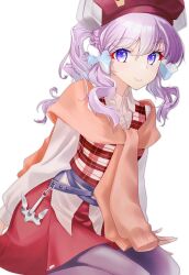 1girl alternate_costume collared_shirt dress_shirt grey_pantyhose hat headgear highres kantai_collection langley_(kancolle) pantyhose plaid_clothes plaid_shirt purple_eyes purple_hair red_hat red_skirt shirt simple_background skirt solo tsukasa_(tukasa_br) twintails white_background white_shirt