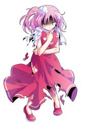 Rule 34 | 1girl, bandaid, bandaid on head, closed mouth, commentary request, dairi, dress, full body, hand up, large variant set, one side up, pink eyes, purple hair, red dress, red shoes, sara (touhou), shaded face, shoes, short hair, sleeveless, sleeveless dress, solo, standing, sweatdrop, torn clothes, torn dress, touhou, touhou (pc-98), transparent background, v-shaped eyebrows, variant set