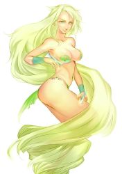 1990s_(style) 1girl absurdly_long_hair bad_id bad_pixiv_id barbariccia bikini blonde_hair breasts female_focus final_fantasy final_fantasy_iv green_eyes highres large_breasts long_hair micro_bikini nail_polish retro_artstyle smile solo square_enix swimsuit thick_thighs thighs very_long_hair white_background wristband yabuki_haru