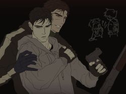 2boys :/ :d absurdres afraid_of_monsters black_background black_gloves black_hair black_hoodie bloodshot_eyes brown_hair cry_of_fear david_leatherhoff doodle_inset fingerless_gloves gloves grin gun hand_on_another&#039;s_arm hand_on_own_arm handgun highres holding holding_gun holding_weapon hood hood_down hoodie ju-san looking_at_another male_focus multiple_boys open_mouth print_hoodie short_hair simon_henriksson smile upper_body weapon