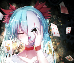 1girl aqua_hair blurry broken_mask card choker closed_eyes clown_mask collarbone depth_of_field diamonds female_focus flipped_hair floating_card flower frown gears gradient_hair hair_between_eyes hair_flower hair_ornament hatsune_miku heart joker_(playing_card) karakuri_pierrot_(vocaloid) king_(playing_card) king_of_hearts lace lens_flare lips long_hair mask md5_mismatch multicolored_hair nail_polish playing_card portrait qys3 raised_eyebrow red_nose smile solo tears twintails vocaloid wristband