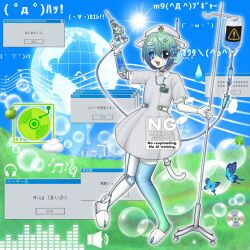 1boy 2000s_(style) animal_ears apple bubble bug building butterfly cat_boy cat_ears cat_tail cd commentary_request dress food fruit frutiger_aero grass highres hologram humanoid_robot insect intravenous_drip kaomoji looking_at_viewer male_focus microsoft_windows musical_note nemasyo_4 open_mouth original outdoors robot robot_ears sky solo tail translation_request trap watermark white_dress window_(computing) windows_2000 windows_classic