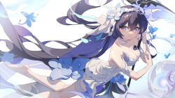 1girl absurdres barefoot black_hair blue_eyes blue_hair breasts chinese_commentary cleavage colored_inner_hair commentary_request feet flower from_above hair_flower hair_ornament hairband highres honkai_(series) honkai_impact_3rd katachi_noboru_nishikino long_hair looking_at_viewer medium_breasts multicolored_hair seele_vollerei seele_vollerei_(herrscher_of_rebirth) simple_background soles solo two-tone_hair very_long_hair white_background white_hairband