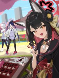 3girls absurdres animal_ear_fluff animal_ears armband black_flower black_hair black_kimono black_nails black_pantyhose black_sailor_collar blue_archive blue_eyes blue_hair blush braid candy chocolate chocolate_heart donut dress fang flower food fox_ears fox_girl fubuki_(blue_archive) hair_between_eyes hair_flower hair_ornament hair_ribbon hand_on_own_face hat heart heart-shaped_food highres holding holding_chocolate holding_food jacket japanese_clothes kimono kirino_(blue_archive) long_hair looking_at_another looking_at_viewer multiple_girls obi open_mouth pantyhose pink_shoes purple_armband purple_sash red_eyes ribbon sailor_collar sash shirt shoes sidelocks single_braid skirt sweatdrop twintails vam vest wakamo_(blue_archive) white_dress white_hair white_hat white_jacket white_shirt white_shoes white_skirt white_vest yellow_eyes yellow_ribbon