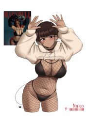1girl absurdres arms_up bikini black_bikini black_choker black_eyes black_horns black_tail blush bodystocking breasts brown_hair character_name choker cleavage closed_mouth clothes_lift commentary cropped_legs dark-skinned_female dark_skin demon_girl demon_horns demon_tail ear_piercing earrings fishnet_bodystocking fishnets front-tie_bikini_top front-tie_top gradient_hair heart heart_necklace highres hood hood_down hoodie hoodie_lift horns jewelry large_breasts long_sleeves looking_at_viewer mako_(yukaraishin) mole mole_on_crotch multicolored_hair navel necklace original photo-referenced photo_inset piercing pubic_tattoo reference_inset short_hair simple_background small_horns solo_focus stud_earrings swimsuit tail tail_around_own_leg tail_wrap tasha_young tattoo white_background yellow_hoodie yukaraishin