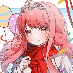 1girl birthday blue_sky blush border braid brown_eyes chinese_commentary closed_mouth cloud commentary_request confetti day eyelashes fanfanjiadeayuanjiang frilled_sleeves frills hand_on_own_chest layered_sleeves long_hair long_sidelocks long_sleeves low_twin_braids nikki_(nikki) nikki_(series) outdoors outside_border pink_hair red_scarf scarf shining_nikki shirt short_over_long_sleeves short_sleeves sidelocks sky smile solo streamers tiara twin_braids upper_body very_long_hair white_border white_shirt