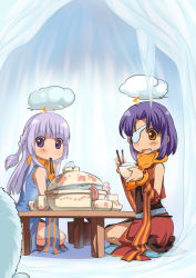 2girls bad_id bad_pixiv_id blunt_bangs blush braid chopsticks cloud cloud_over_head eating eyepatch food food_on_face french_braid ice in-universe_location kawagoe_pochi light_purple_hair long_hair mouth_hold multiple_girls open_mouth pot professor_(ragnarok_online) purple_eyes purple_hair ragnarok_online rice scarf short_hair siroma siruma sitting tongue yellow_eyes