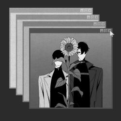 2boys :| belt benkdjjituibot black_coat black_hair black_shirt closed_mouth coat covered_eyes cursor curtained_hair flower hair_over_one_eye highres kim_dokja looking_at_another multiple_boys omniscient_reader&#039;s_viewpoint shirt short_hair sunflower upper_body white_coat window_(computing) yoo_joonghyuk