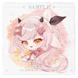 animal animal_ears black_bow black_horns border bow bowtie chinese_commentary collared_shirt commentary_request commission cow_ears cow_girl cow_horns eyelashes frilled_shirt_collar frills hair_bow happy high_collar highres holding holding_animal horns jacket lanmeier light_blush long_hair long_sleeves multiple_hair_bows notice_lines open_clothes open_jacket open_mouth original outline painting_(medium) pink_bow pink_hair pink_jacket puffy_long_sleeves puffy_sleeves rabbit red_bow red_bowtie sample_watermark shirt sleeve_bow sleeves_past_wrists small_horns smile sparkle swept_bangs traditional_media tsurime two-tone_bow very_long_hair watercolor_(medium) watermark white_border white_bow white_outline white_shirt white_sleeves yellow_eyes