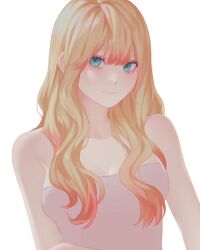 Rule 34 | 1girl, 23i2ko, aegyo sal, blonde hair, blue eyes, breasts, cleavage, colored tips, hair over shoulder, head tilt, highres, light smile, long hair, looking at viewer, multicolored hair, original, pink tube top, simple background, solo, strapless, tube top, upper body, white background