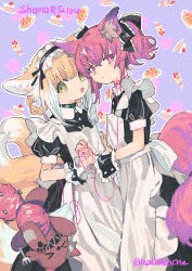 2girls animal_ear_fluff animal_ears apron arknights black_dress blonde_hair braid braided_hair_rings closed_mouth crossed_bangs dress fang fox_ears fox_girl fox_tail green_eyes hair_between_eyes hair_bun hair_rings hairband highres holding_hands long_hair looking_at_viewer maid maid_apron maid_headdress multiple_girls multiple_tails open_mouth purple_eyes purple_hair red_medicine shamare_(arknights) short_sleeves sidelocks suzuran_(arknights) tail white_apron white_hairband wrist_cuffs yuri
