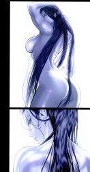1girl absurdres ass breasts commentary english_commentary highres long_hair mostlybluewyatt nude overwatch sideboob signature solo white_background widowmaker_(overwatch) yellow_eyes