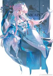1girl breasts caicaicaicai_ni_caicai chinese_clothes cleavage dress flower full_body green_eyes hair_ornament hand_fan hanfu highres holding holding_fan long_hair long_sleeves looking_at_viewer original pink_hair sitting smile solo very_long_hair white_dress wide_sleeves