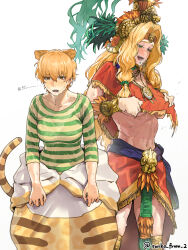 2girls abs animal_costume animal_ears animal_print artist_name blonde_hair breasts brown_hair chin_piercing clothes_around_waist face_piercing fate/grand_order fate_(series) headdress highres hot jaguarman_(fate) multiple_girls piercing poncho quetzalcoatl_(fate) shirt simple_background striped_clothes striped_shirt sweat tiger_costume tiger_ears tiger_print toned toned_female tonko_from underboob very_sweaty white_background