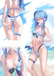 Rule 34 | 1girl, absurdres, ass, back, beach, bikini, blue bikini, blue eyes, blue hair, blue nails, blue sky, bracelet, breasts, cameltoe, cloud, collarbone, cum, cum on body, cum on breasts, cum on upper body, day, hair ribbon, highleg, highleg bikini, highres, hololive, hoshimachi suisei, jewelry, multiple views, navel, nipple slip, nipples, outdoors, parted lips, partially visible vulva, rancidronin, ribbon, side ponytail, sky, small breasts, stomach, striped bikini, striped clothes, swimsuit, thigh strap, thighs, virtual youtuber, wavy hair